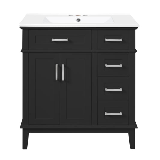 Modern 30' Bathroom Vanity with Ceramic Sink, Black Storage Cabinet, Soft-Close Doors, Deep & Standard Drawers, Stylish Design for Small Bathrooms