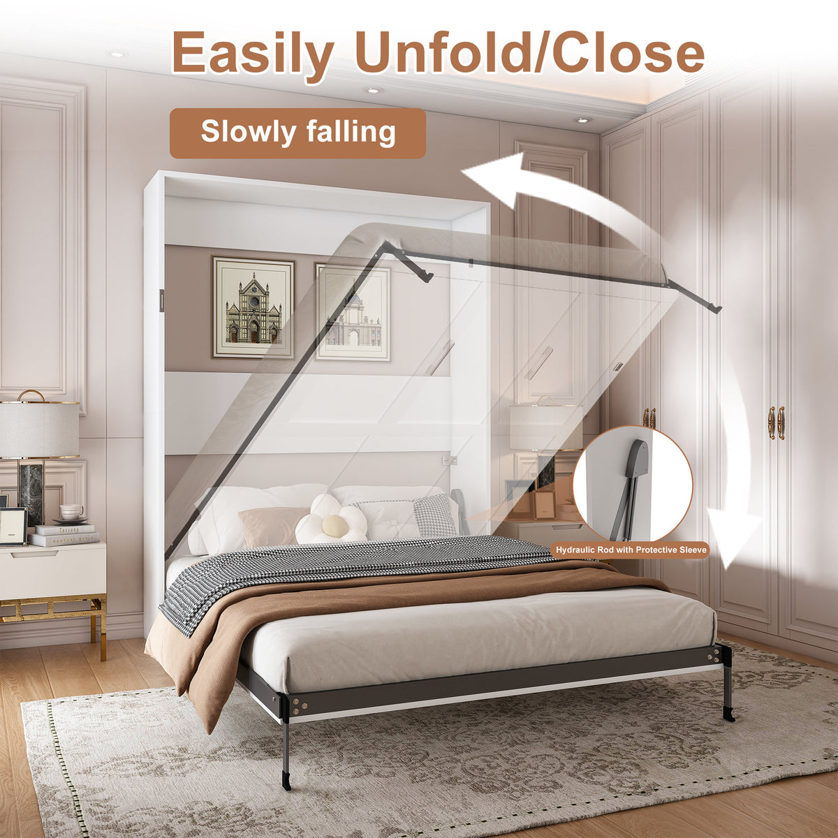 Queen Murphy bed, 65-inch foldable wall bed, with metal bed frame, solid wood support slats, concealed bed frame, with safety lock mechanism,suitable for bedrooms and guest rooms, white