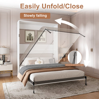 Queen Murphy bed, 65-inch foldable wall bed, with metal bed frame, solid wood support slats, concealed bed frame, with safety lock mechanism,suitable for bedrooms and guest rooms, white