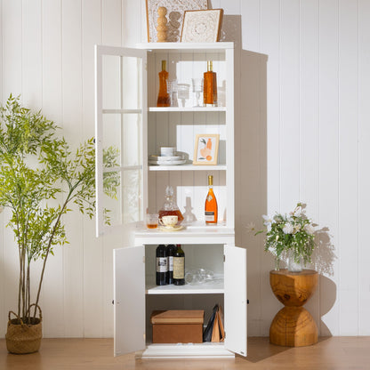 75.25'' Tall Freestanding Pantry Cabinet with Glass Door & Lattice Window, Farmhouse Display Cabinets with Storage, Hutch with Double-Action LH&RH Door, for Hallways, Livingroom Kitchen & Office,White