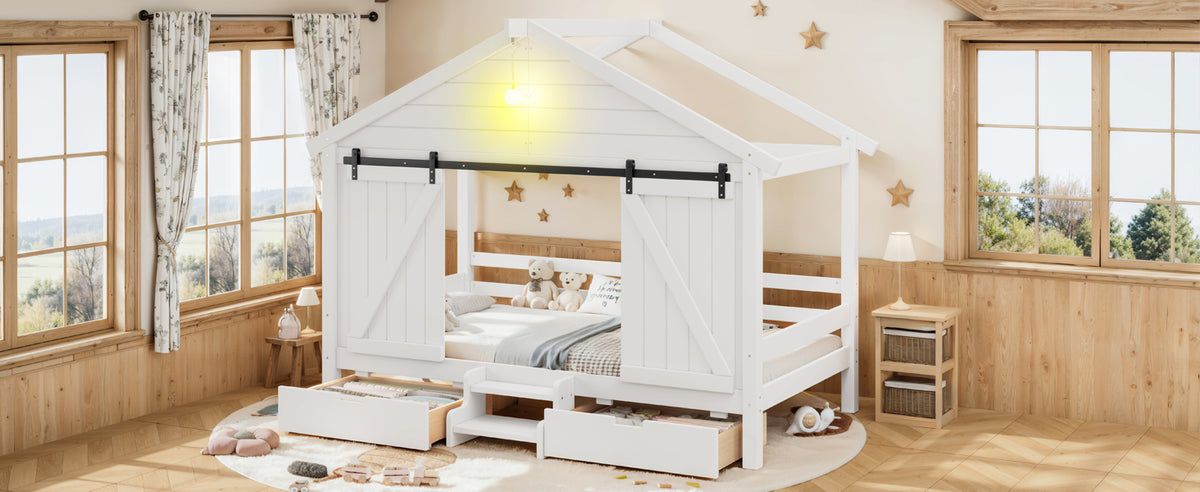 Twin Size Farmhouse Bed with Sliding Barn Door and Light Bulb, Wood house Bed Frame with Stair and Drawers, White