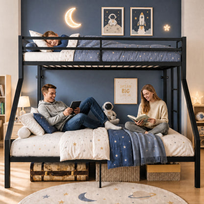 Heavy Duty Twin over Queen Metal Bunk Bed with 1200 LBS Capacity, Noise-Free Structure with Wall Mount & Anti-Slip Ladder