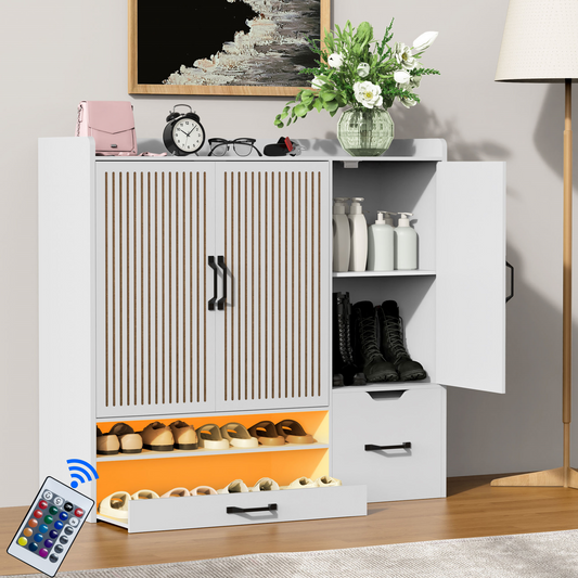 Multi-functional Shoe Cabinet with Adjustable Shelves, Stool, Retractable toe-kick drawer, Minimalist Shoe Storage Organizer with Sturdy Top Surface for Various Sizes of Items, White
