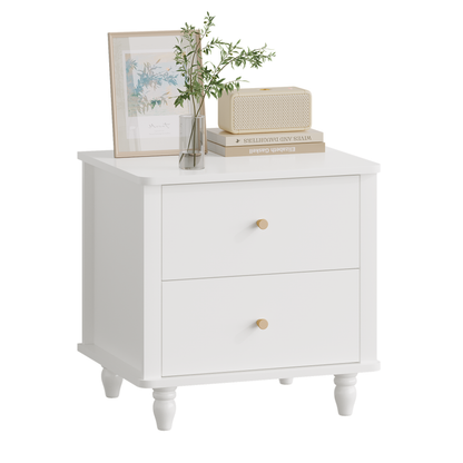 Modern 2-Drawer Nightstand, MDF Wooden Bedside Table with Round Knobs, Small Bedside Cabinet End Table for Bedroom, Living Room, Kids Room, White