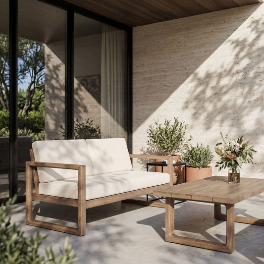 Outdoor Acacia Wood Loveseat and Coffee Table Set with Cushions, Brown Wash, Beige