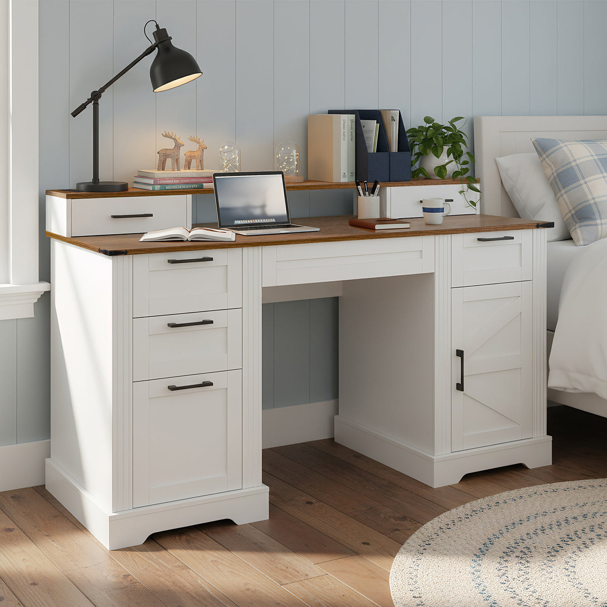 White Farmhouse Office Desk with Charging Station, Monitor Stand & Storage Cabinet, Barn Door Design, MDF, 59.5' L x 21' W x 35.8' H