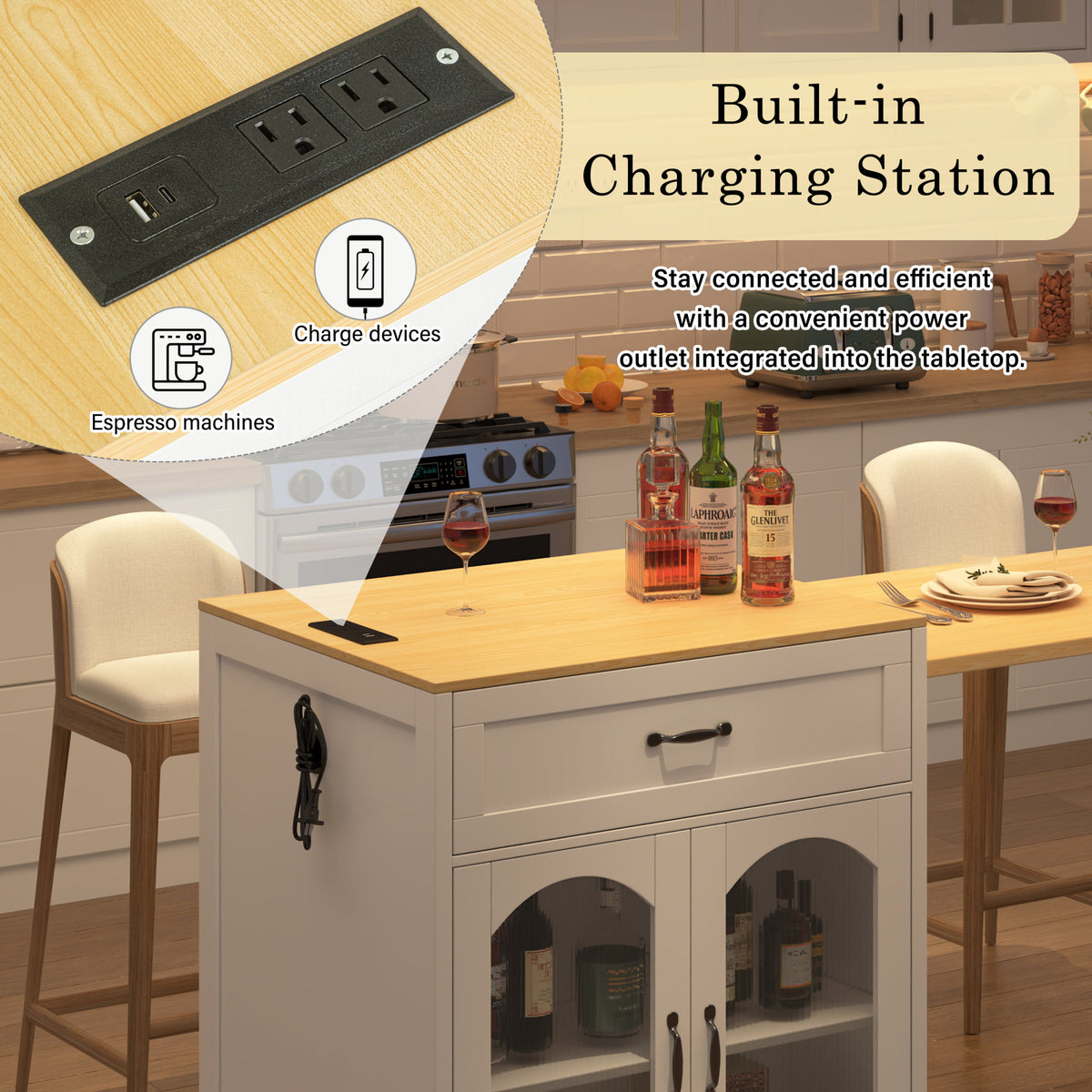 U_STYLE Extendable Counter Table with Wheels,Bar Table with Built-in Power Outlet,Farmhouse Wine Cabinet with Double-Sided Drawers,Suitable for Kitchen & Home Bar (Chairs Not Included)