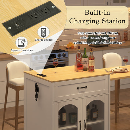U_STYLE Extendable Counter Table with Wheels,Bar Table with Built-in Power Outlet,Farmhouse Wine Cabinet with Double-Sided Drawers,Suitable for Kitchen & Home Bar (Chairs Not Included)
