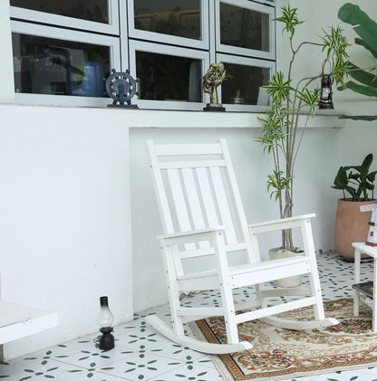 All Weather Rocking Chair Set with Side Table, 3-Piece Rocking Chair Set with Wood-Texture, White(includes 2 Rocking Chairs and 1 Table)