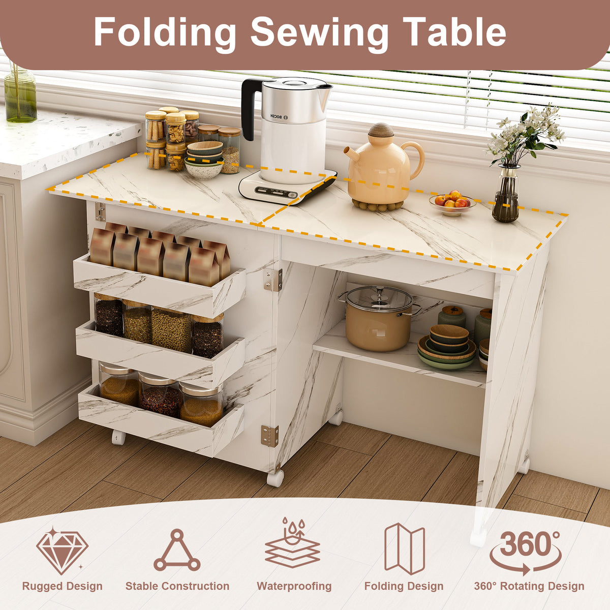 4-in-1 Folding Sewing Table with Lockable Wheels – Multi-Functional Craft Station, End Table, Computer Desk & Kitchen Storage with Shelves, White Rolling Sewing Machine Table for Apartments