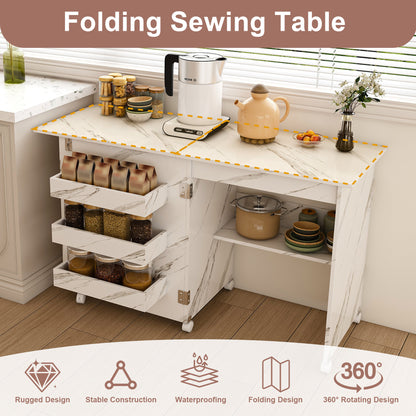 4-in-1 Folding Sewing Table with Lockable Wheels – Multi-Functional Craft Station, End Table, Computer Desk & Kitchen Storage with Shelves, White Rolling Sewing Machine Table for Apartments