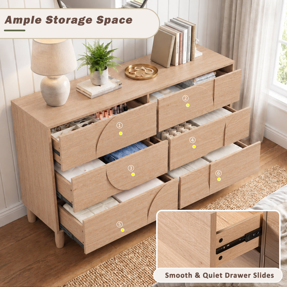 Mid Century 6-Drawer Dresser for Bedroom, 55" Wide Modern Chest of Drawers, TV Stand for Living Room, Solid Wood legs,Vanity Desk, Closet Storage, Drawers Organizer Furniture, Hallway,Light Oak