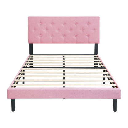 Modern Upholstered Queen Size Platform Bed Frame with Button Tufted Linen Headboard, Pink, Easy Assembly