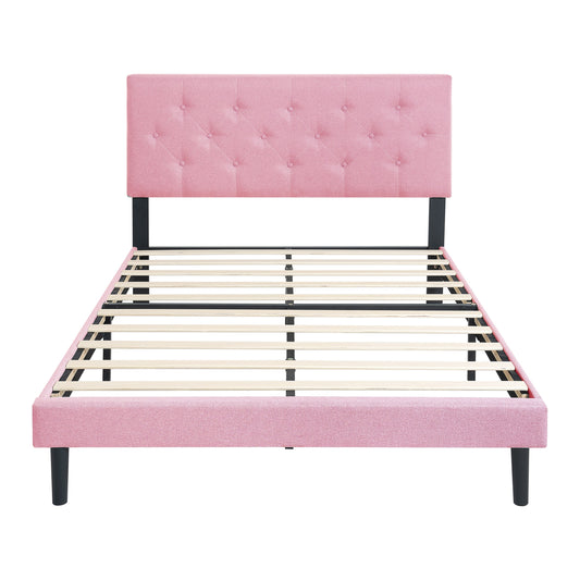Modern Upholstered Queen Size Platform Bed Frame with Button Tufted Linen Headboard, Pink, Easy Assembly