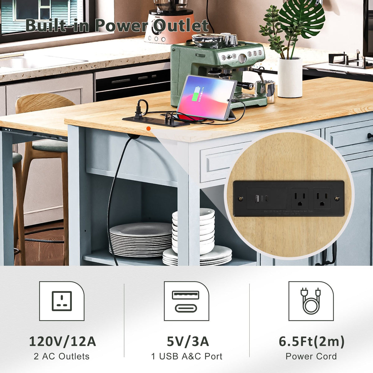 K&K 47 inch Kitchen Island with Extendable Dining Table, Rubber Wood Veneer Kitchen Table with Internal Storage Rack, Power Outlet