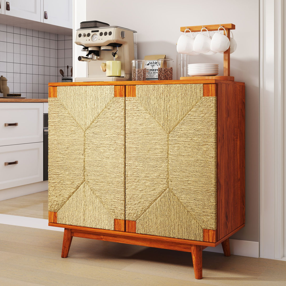 Mid Century Boho Freestanding Accent Cabinet, Handmade Paper Rope Woven Push-to-Open Double Doors, , Adjustable  Shelf, Sideboard Storage Cabinet for Kitchen Entryway  Living Room