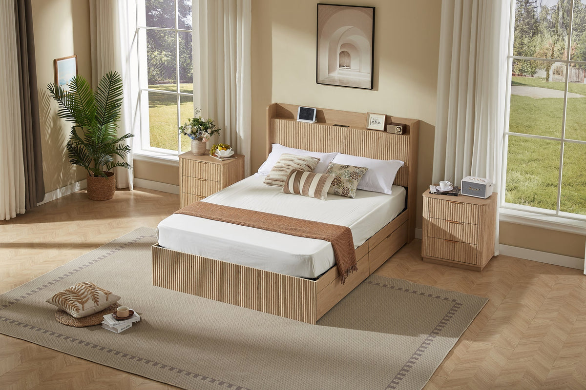 Queen Size Platform Bed Frame with 4 Storage Drawers and Built-in Charging Station, Wooden Storage Box Bed, Large Capacity Organizer Bed Frame for Bedroom,Natural