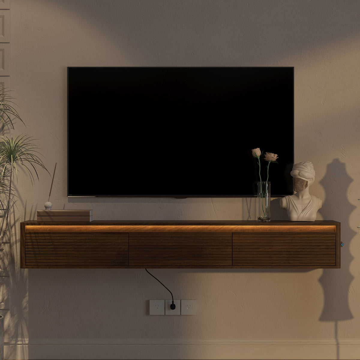 Floating TV Stand,Wall Mounted TV Shelf with Led Lights & Power Outlet,Fluted TV Cabinet for Wood tv Stands for Living Room