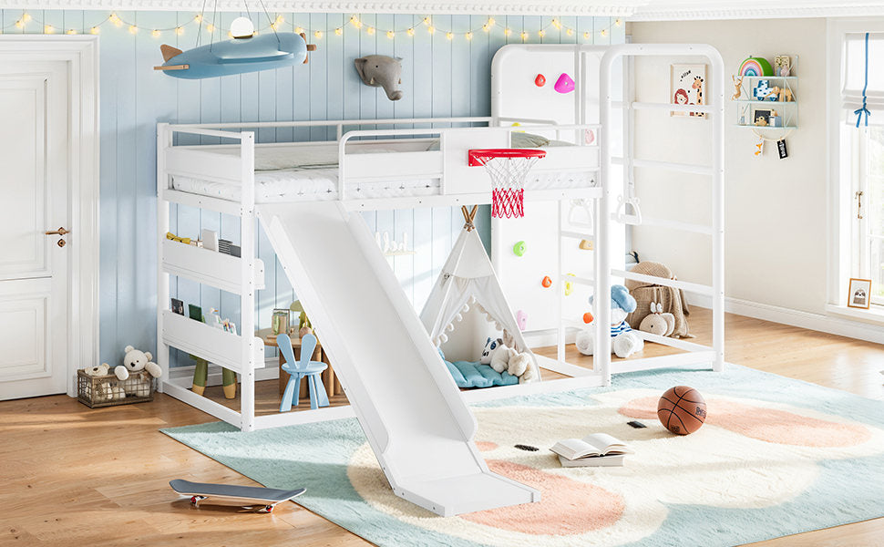 Twin size metal loft/bunk bed with basketball hoop, pull-up rings, climbing wall, and built-in bookshelves. Playful children's design featuring a slide,White.