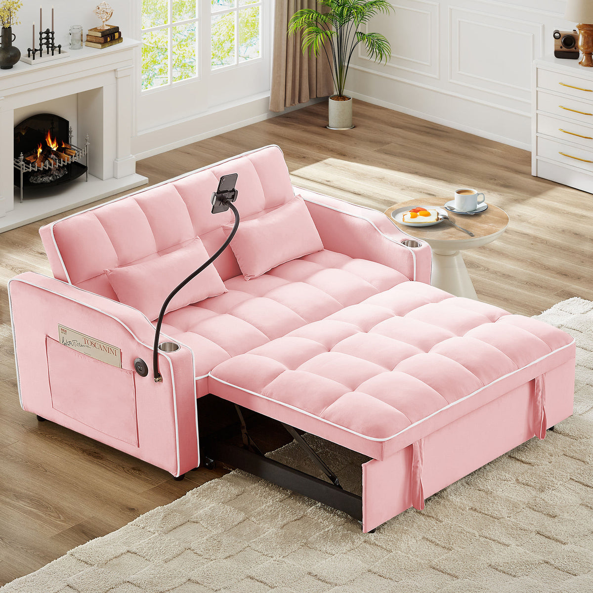 Versatile Foldable Double Seat Recliner,Comfortable Velvet Pull-Out Sleeper Sofa Bed with Side Pockets,USB Port,Swivel Phone Stand, Ashtray and Adjustable Backrest