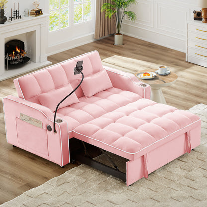 Versatile Foldable Double Seat Recliner,Comfortable Velvet Pull-Out Sleeper Sofa Bed with Side Pockets,USB Port,Swivel Phone Stand, Ashtray and Adjustable Backrest