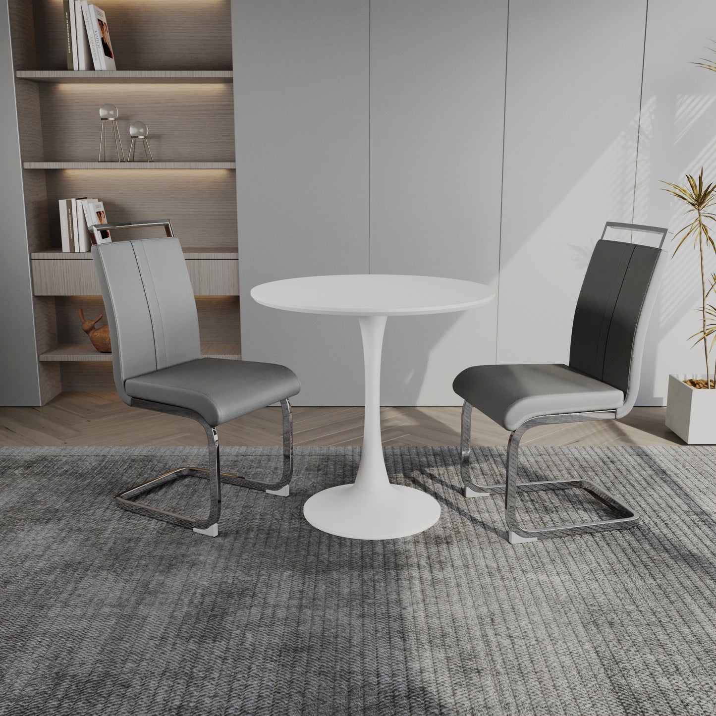 31.5 ' White circular dining table, tulip dining table, kitchen dining table for 2-4 people, MDF tabletop and base, and 2 gray PU plating silver metal leg dining chair set 2