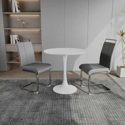 31.5 ' White circular dining table, tulip dining table, kitchen dining table for 2-4 people, MDF tabletop and base, and 2 gray PU plating silver metal leg dining chair set 2