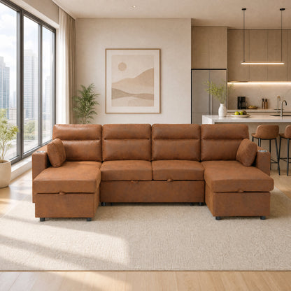 Convertible U-Shaped Sectional Sofa Bed with Double Storage Chaises, Pull-Out Sleeper, Cup Holders, and Lumbar Pillows