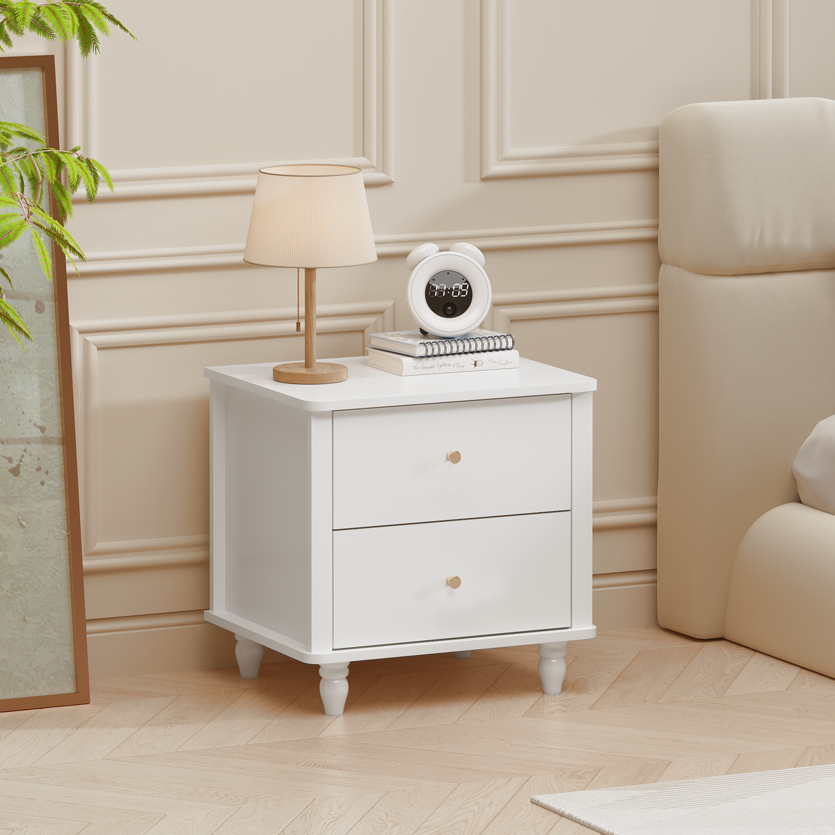 Modern 2-Drawer Nightstand, MDF Wooden Bedside Table with Round Knobs, Small Bedside Cabinet End Table for Bedroom, Living Room, Kids Room, White
