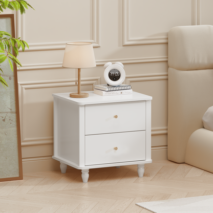 Modern 2-Drawer Nightstand, MDF Wooden Bedside Table with Round Knobs, Small Bedside Cabinet End Table for Bedroom, Living Room, Kids Room, White