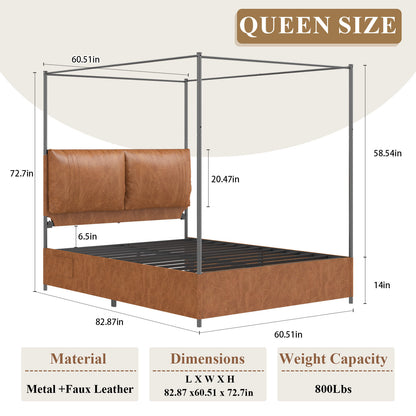 Queen Canopy Bed Frame,  Faux Leather Upholstered Bed with Metal Frame, Four Poster Platform Bed, No Box Spring Needed, Rustic Brown