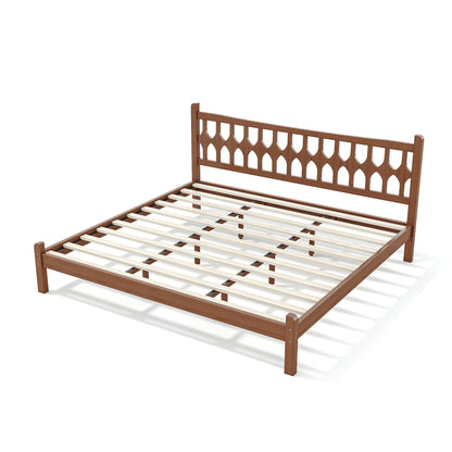 King Size Bamboo Platform Bed with Diamond-shaped headboard, Solid Bamboo-made Bed Frame with Support Slats, for Bedroom, Guest Rooms, Brown