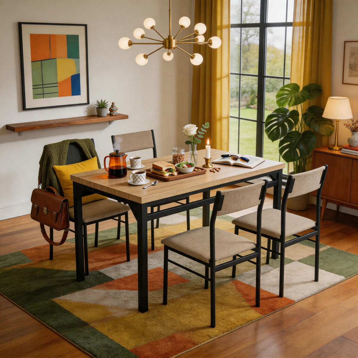 5-Piece Dining Table Set for 4, 47.24" Dining Table with 4 Upholstered Linen-Look Chairs, Black Metal Frames, Modern Kitchen & Dining Room Furniture