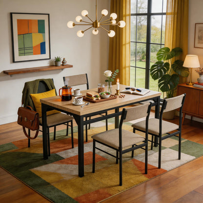 5-Piece Dining Table Set for 4, 47.24" Dining Table with 4 Upholstered Linen-Look Chairs, Black Metal Frames, Modern Kitchen & Dining Room Furniture