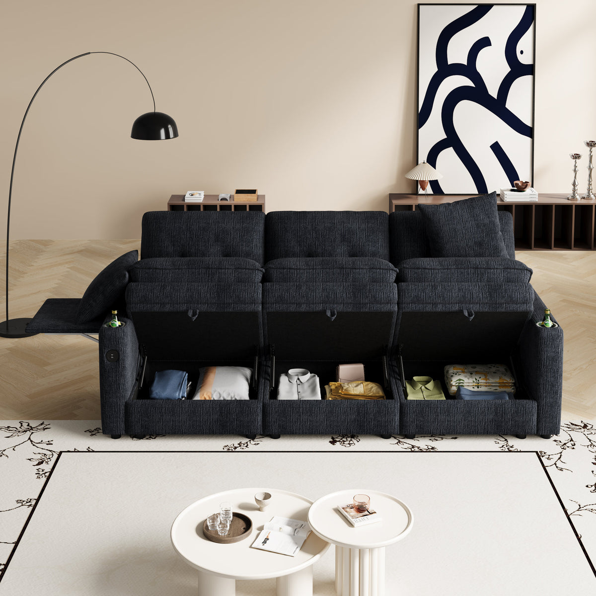 89-inch three-person cloud sofa with storage, armrests featuring hidden tabletop and USB ports, and armrests with storage function. High-quality cashmere three-person sofa. Suitable for living rooms,