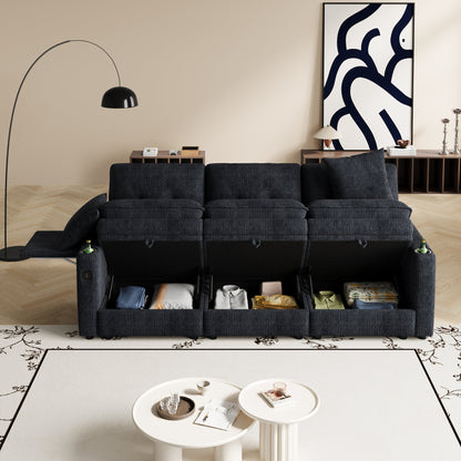 89-inch three-person cloud sofa with storage, armrests featuring hidden tabletop and USB ports, and armrests with storage function. High-quality cashmere three-person sofa. Suitable for living rooms,