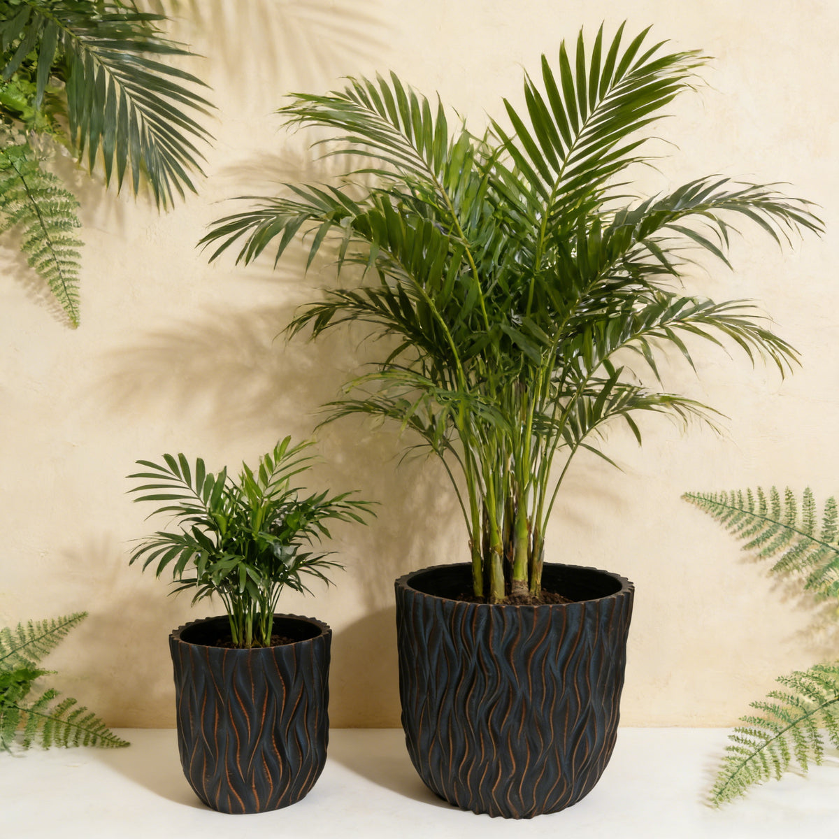 Large Round Planters Set of 2 (15.75"x14.96" & 12.2" x13.39'') - Lightweight Magnesium Oxide Plant Pot with Texture -Concrete Planter Pots with Drainage Hole – Indoor & Outdoor Use