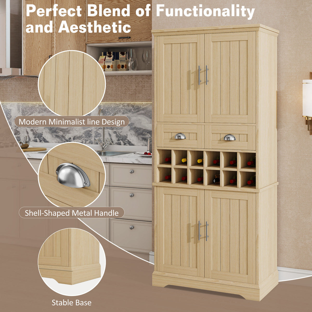 70.9" Tall Farmhouse Wine Storage Cabinet, Removable 12-Bottle Wine Rack, 2 Spacious Drawers, 4 Door Shelves, Adjustable Shelves & 2-Tier Storage Cabinets for Kitchen, Dining Room,Natural