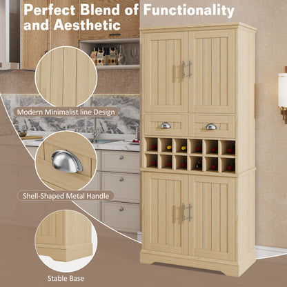 70.9" Tall Farmhouse Wine Storage Cabinet, Removable 12-Bottle Wine Rack, 2 Spacious Drawers, 4 Door Shelves, Adjustable Shelves & 2-Tier Storage Cabinets for Kitchen, Dining Room,Natural