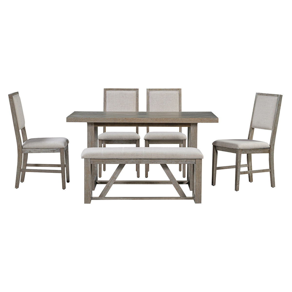 TREXM 6-Piece Retro Dining Table Set for 6, 60" Wood Kitchen Table and Chairs Set of 4 with Bench Designed Trestle Base - Gray – Oak