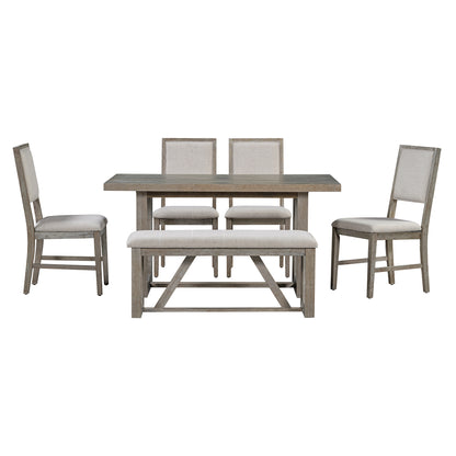 TREXM 6-Piece Retro Dining Table Set for 6, 60" Wood Kitchen Table and Chairs Set of 4 with Bench Designed Trestle Base - Gray – Oak