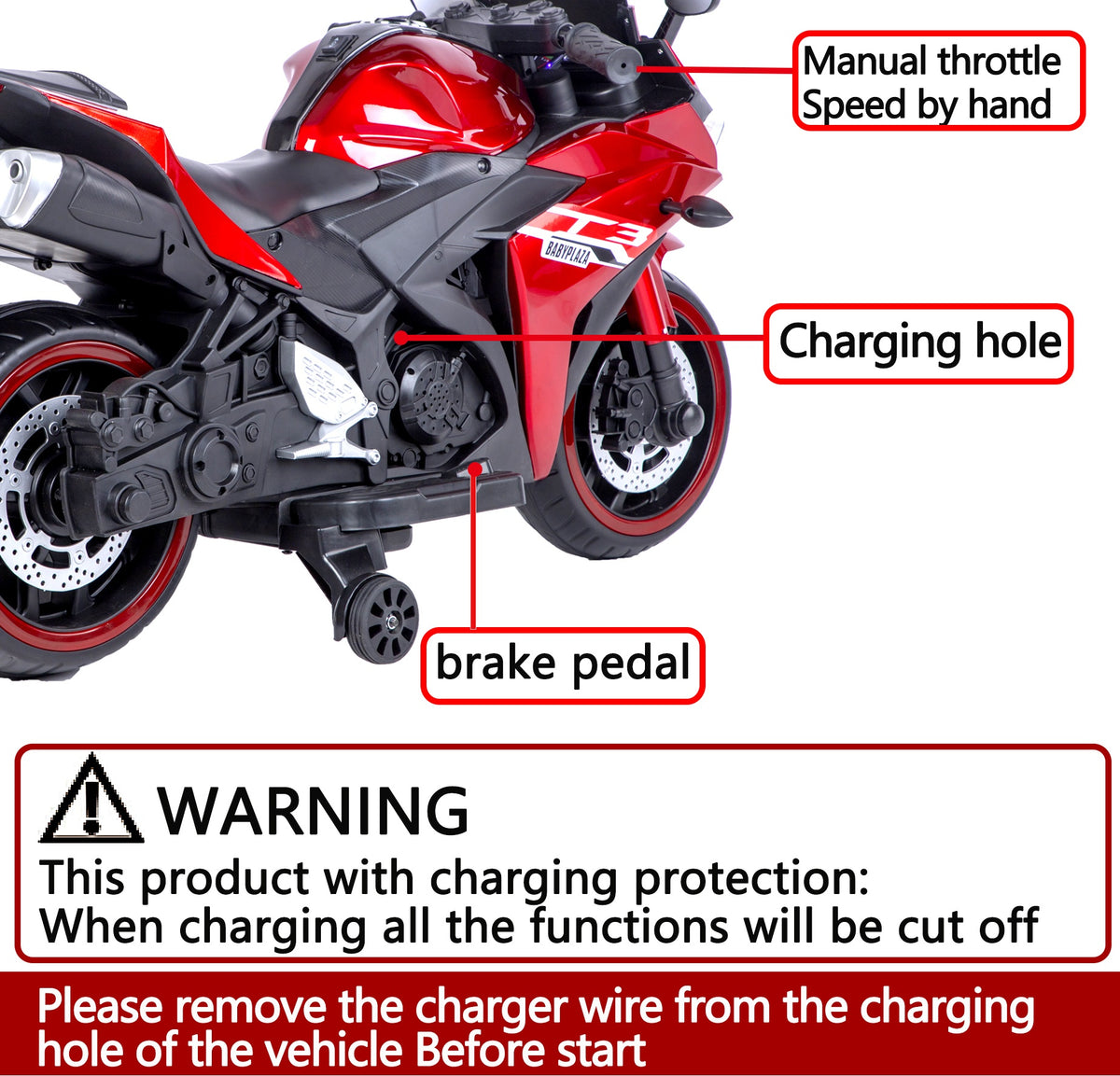 Kids Motorcycle 12 V Motorcycle For Kids 3-8 Years Boys Girls,Kids Motorcycle Ride On Toy With Training  Wheels/Manual Throttle/ Drive By Hand /Lighting  Wheels