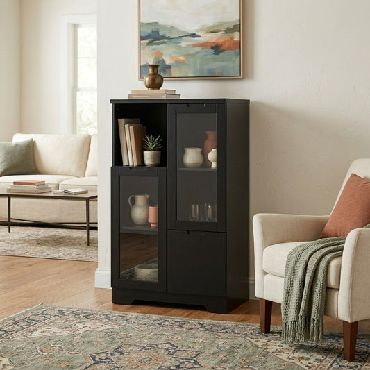MDF painted Cabinet with Glass Doors and drawer, open storage space, Black