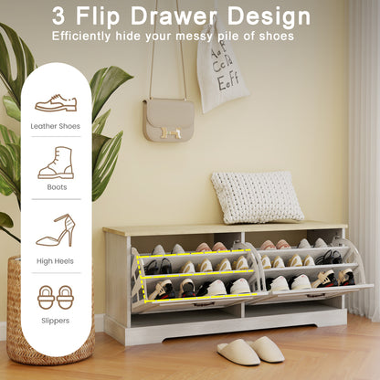 Shoe Storage Bench with 2 Flip Drawers and Adjustable Shelf, Bedroom-Antique White