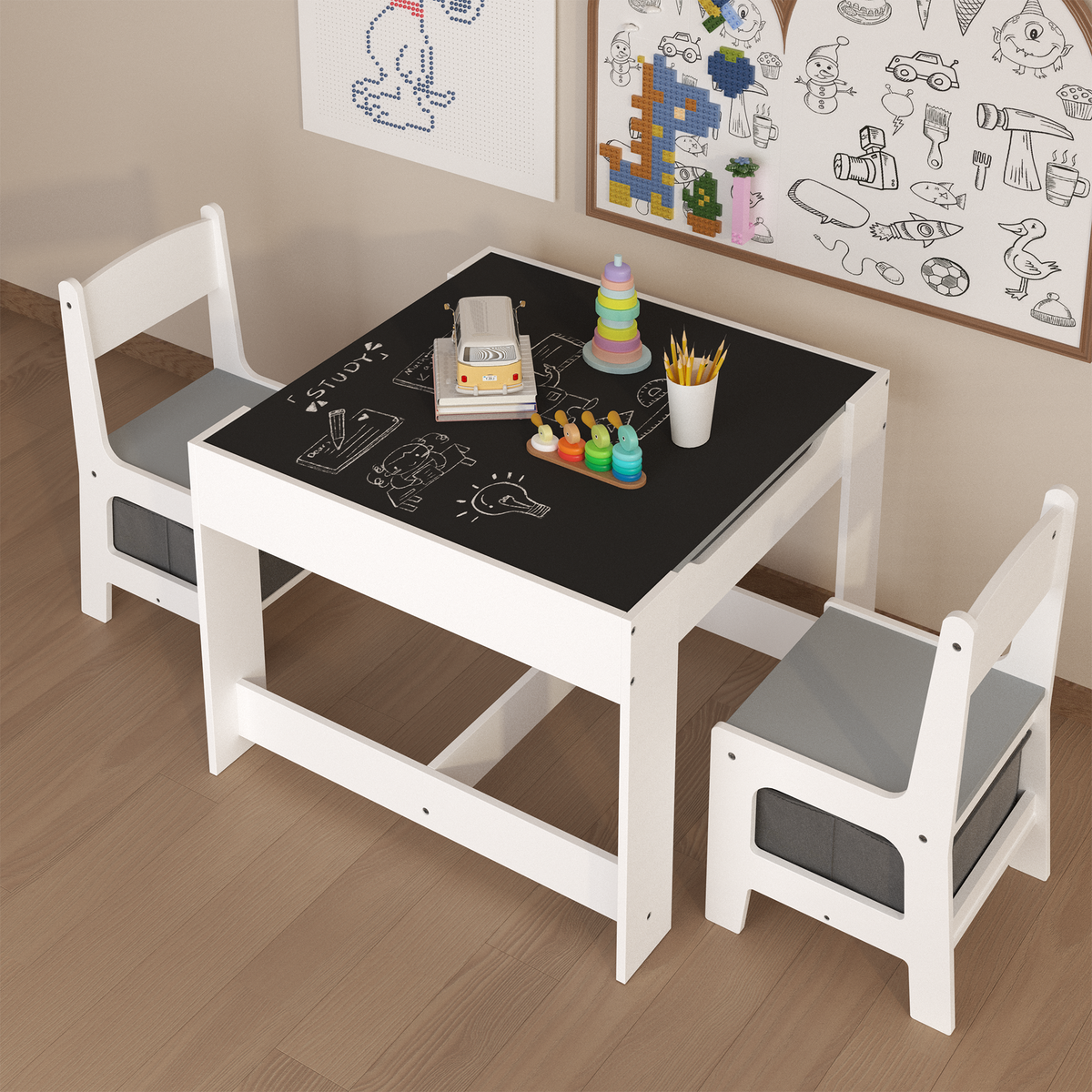 Kids Table and Chair Set, 3-in-1 Wooden Activity Table with Storage Drawer for Toddlers Drawing, Reading, Crafts, 2-in-1 Detachable Top in White+Gray MDF
