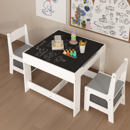 Kids Table and Chair Set, 3-in-1 Wooden Activity Table with Storage Drawer for Toddlers Drawing, Reading, Crafts, 2-in-1 Detachable Top in White+Gray MDF