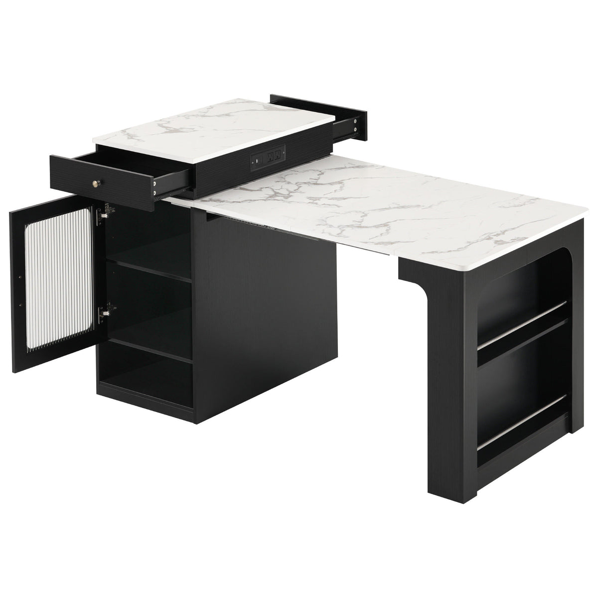 K&K 59.5" Kitchen Island with Extendable Dining Table, Kitchen Storage Table with Double-sided Storage, Kitchen Island with 2 Drawers