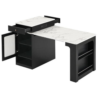 K&K 59.5" Kitchen Island with Extendable Dining Table, Kitchen Storage Table with Double-sided Storage, Kitchen Island with 2 Drawers