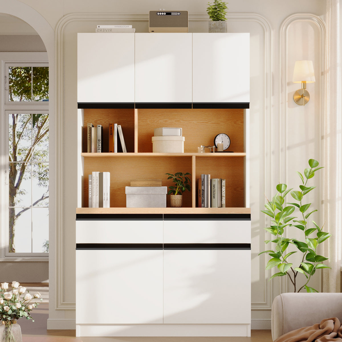 Large Storage Cabinet with 5 Doors,Open Bookshelf,2 Drawers and Adjustable Shelves,72.8' Sideboard Buffet Cabinet with Hidden Handles Anti-tip Kit,Freestanding Bookcase for Living Room,Home Office