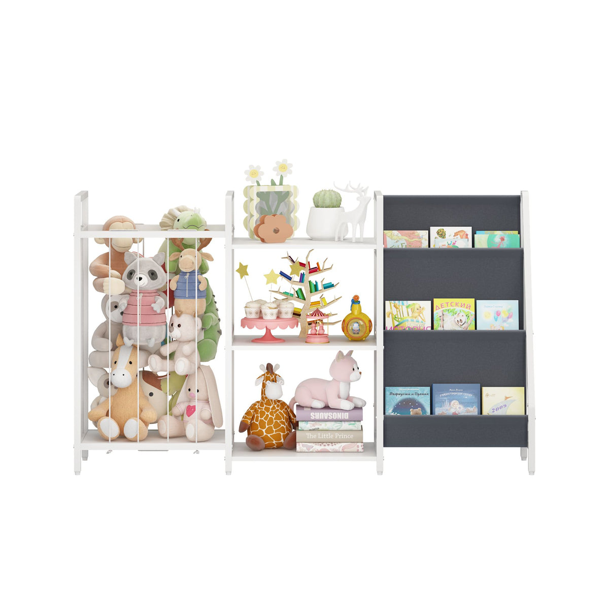 Kids Bookshelf and Toy Storage, 3-in-1 Book Shelf for Kids Rooms, Sling Baby Bookcase with Stuffed Animal Storage, Toddler Montessori Bookshelf for Nursery, Playroom, Kindergarten, Gray